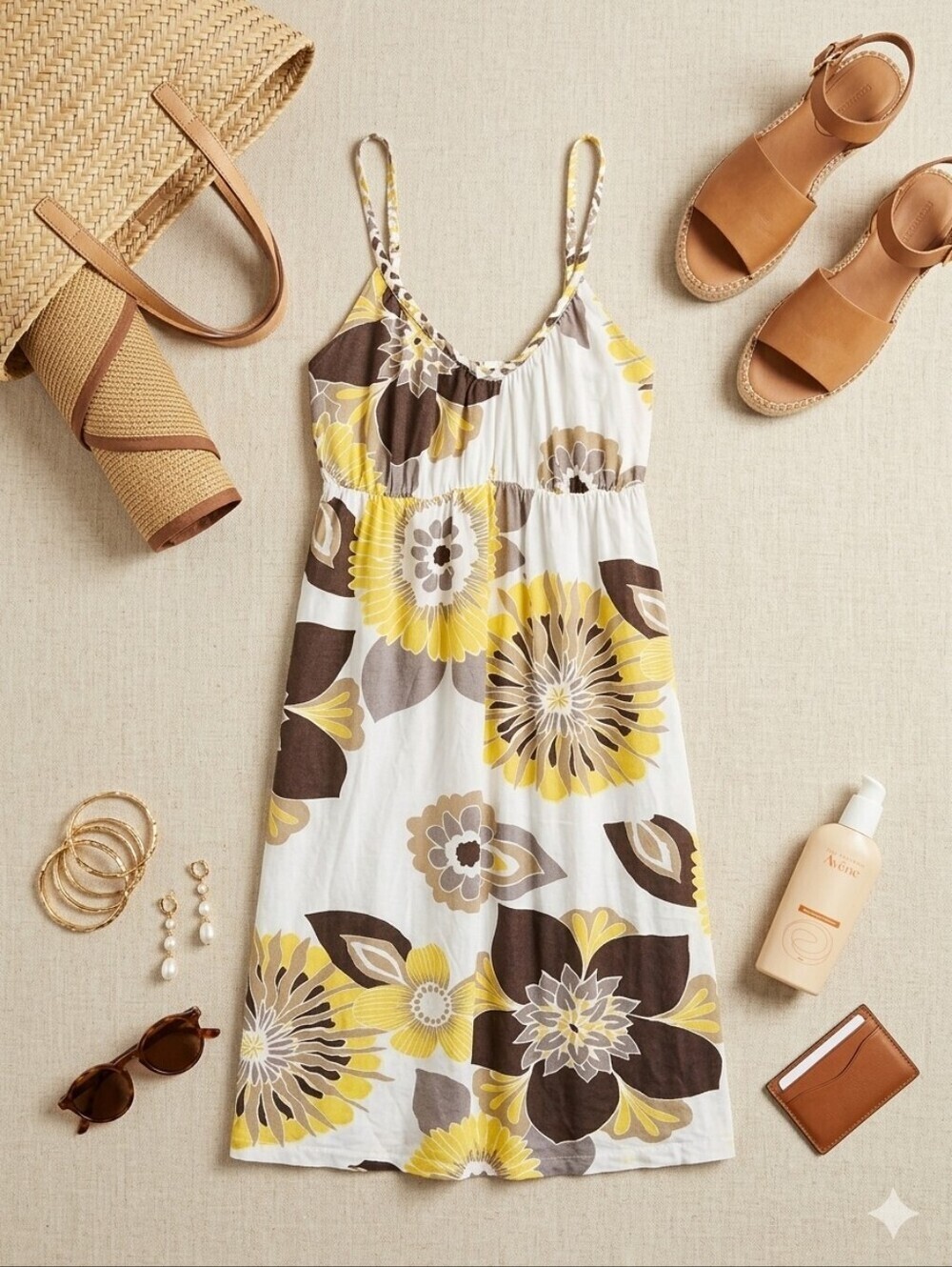 Buffalo David Bitton Yellow White Brown Large Floral Print Mini Sundress